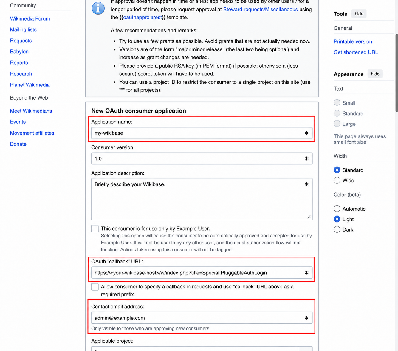 Wikimedia OAuth consumer form with the application name, contact email address, and callback URL highlighted