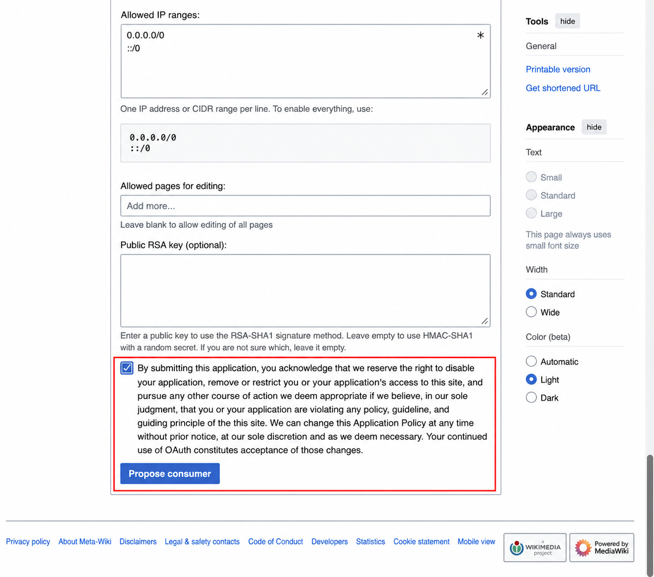 Wikimedia OAuth consumer form with the acknowledgement and Propose consumer button highlighted