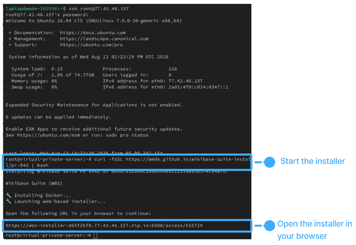 Terminal showing the installer URL