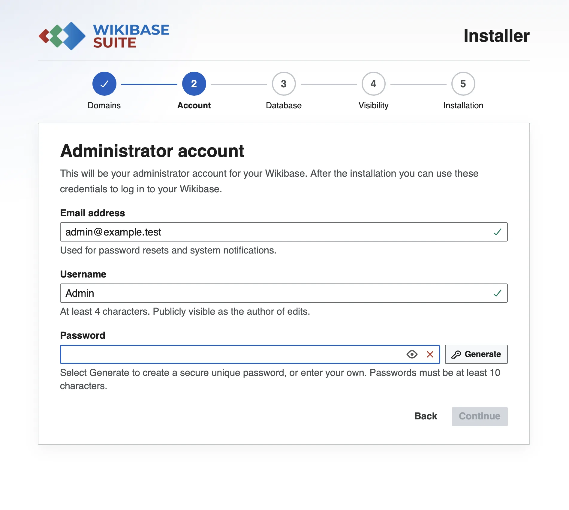Installer fields for creating the administrator account