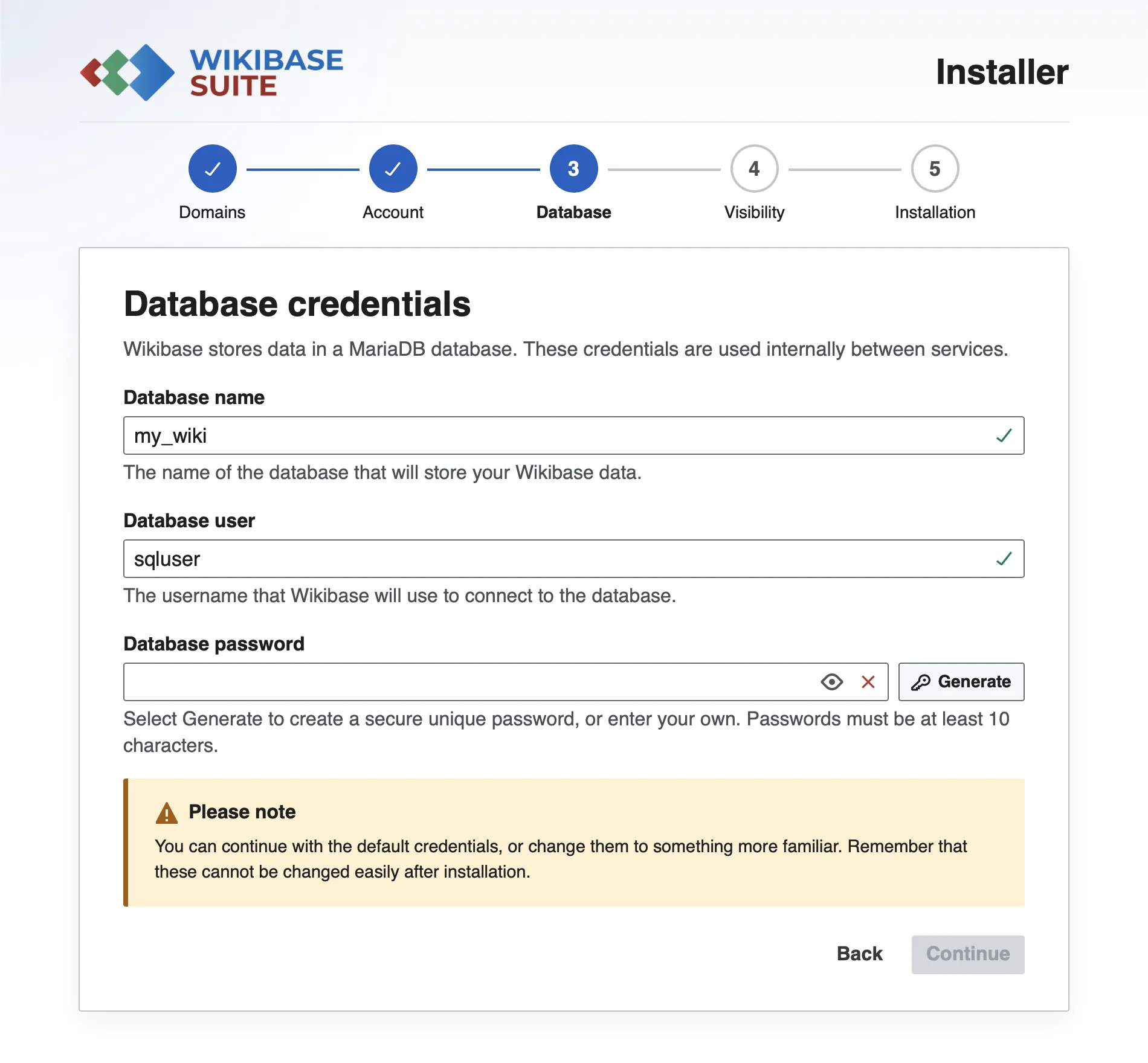 Installer fields for the database credentials