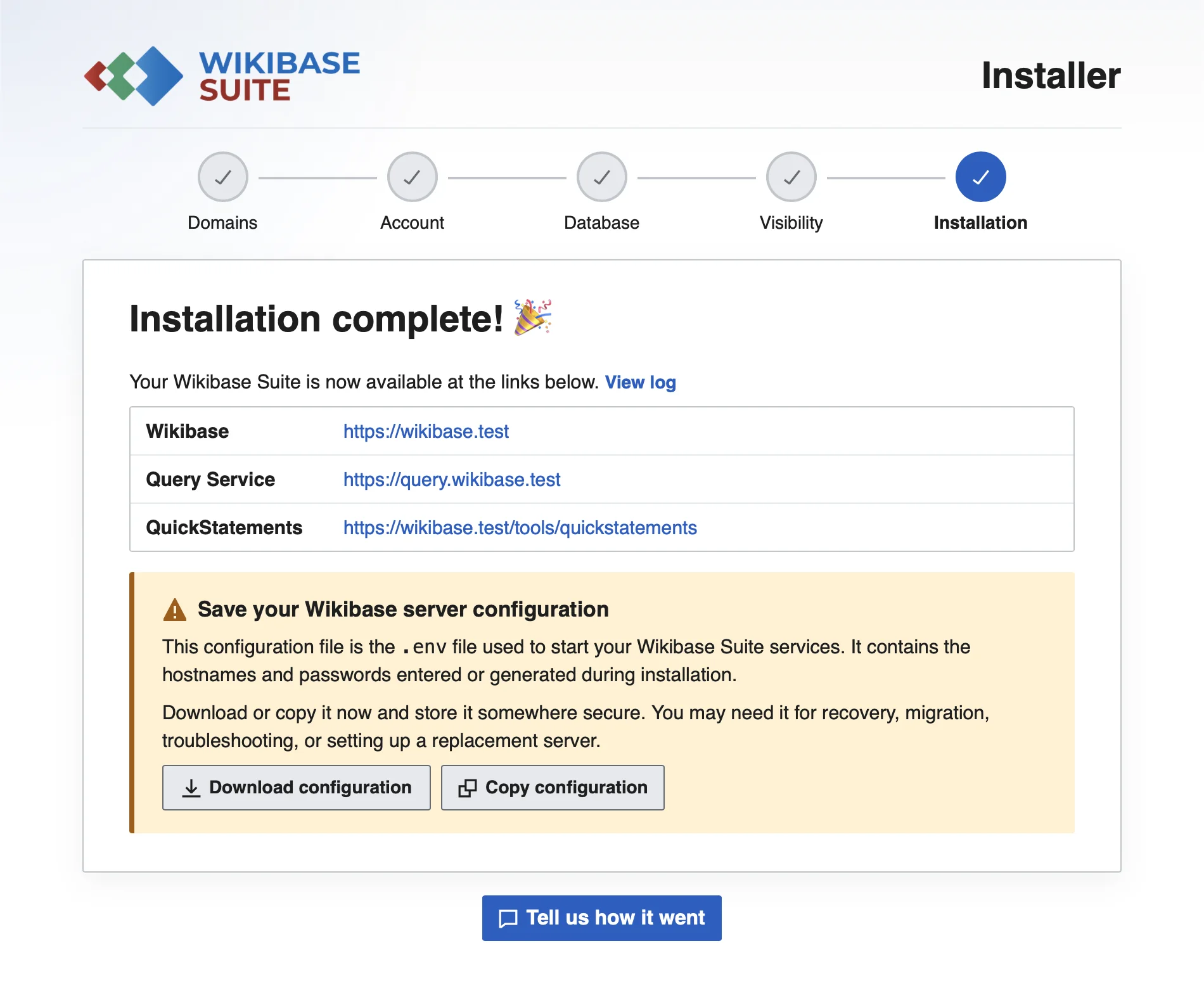 Wikibase Suite installation success screen